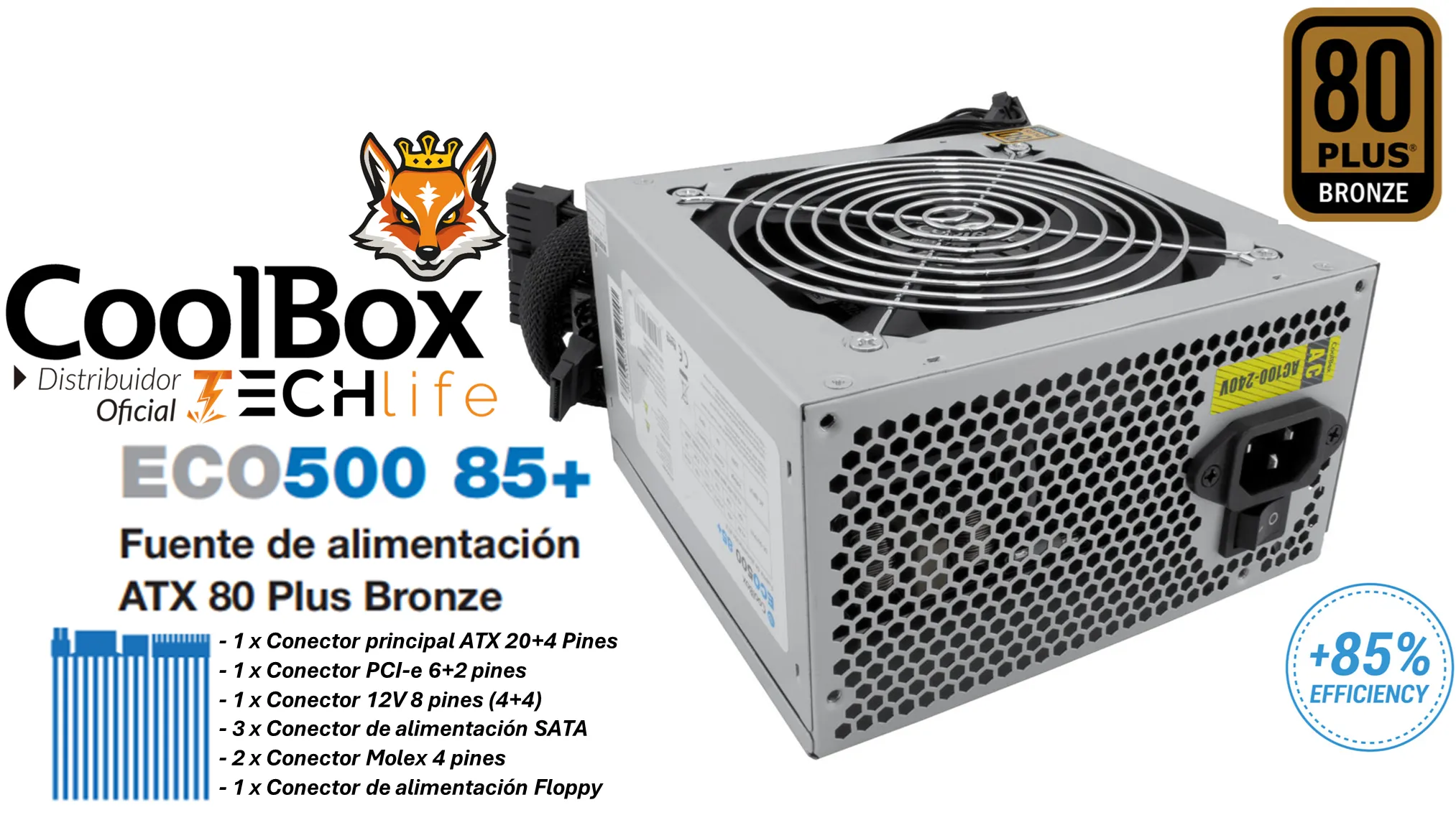 CoolBox ECO500 85+ 300W 80 Plus Bronze ATX Fuente de alimentación Silent con eficiencia del 85%